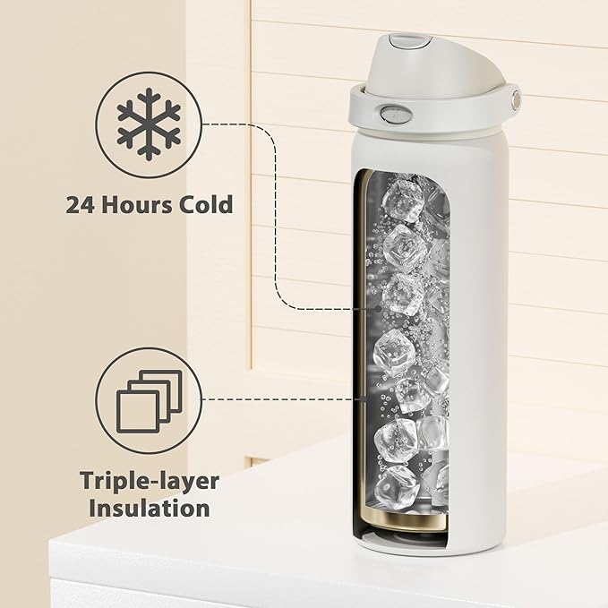 32 oz Insulated Water Bottle with Straw: Meoky Stainless Steel Metal Water Bottle with 2-in-1 Lid - Leak Proof, Cold for 24 Hours, Protective Silicone Base, BPA-Free for Sports Gym, Ivory - Image 5