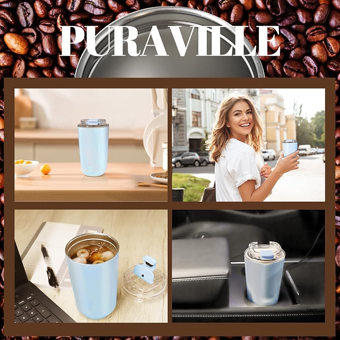 Puraville Insulated Tumblers with Lid, 10 oz Travel Coffee Mug Stainless Steel Vacuum Cup, Leak Proof Reusable Double Walled Coffee Tumbler for Iced and Hot Drinks, Light Blue - Image 7