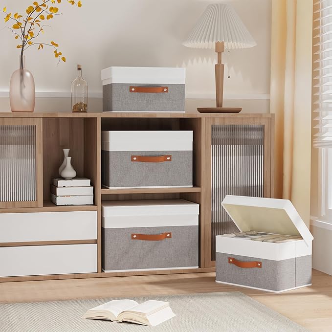 Fabric Storage Boxes with Lids, Linen Foldable Cloth Baskets, Closet Organizer - Image 2