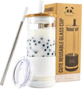 Pandaloo® Glass Cups With Lids and Straws -20 Fl Oz- Perfect Size Iced Coffee Cup - Smoothie Cup With Bamboo Lid and On the go Lid - Glass Tumbler With Straw (1 Count (Pack of 1), Coton White) by Pandaloo