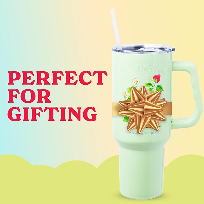 Silver Buffalo Strawberry Shortcake and Custard “Life is Delicious!” Double Walled Stainless Steel Tumbler with Handle, Fits in Standard Cup Holder, 40 Ounces - Image 6