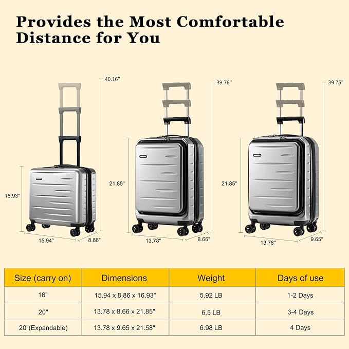 16 Inch Carry On Luggage Airline Approved, Expandable Lightweight ABS+PC Hard - Image 8