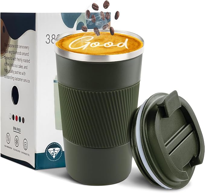 YINBAOGE Insulated Travel Coffee Mug, Spill & Leak Proof, Portable To Go Camping Stainless Steel Coffee Tumbler, Reusable Thermal Coffee Cup with Lid for Hot & Cold Drinks (Green, 17 OZ) by YINBAOGE