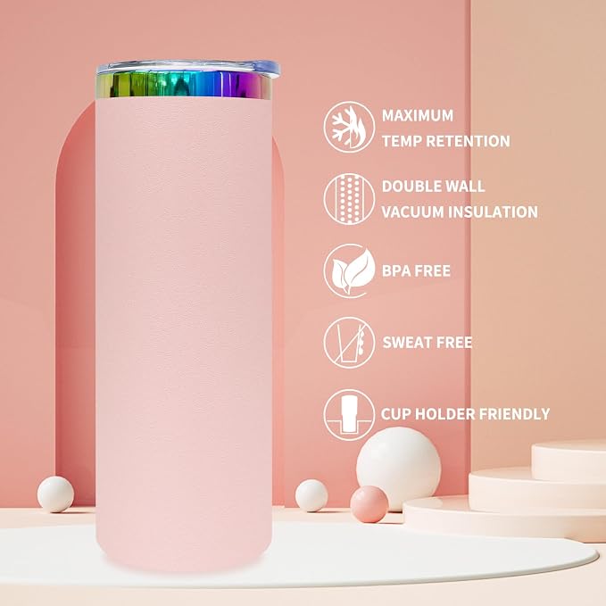 20 oz Skinny Tumblers Stainless Steel Tumbler with Lid and Straw Double Wall Vacuum Insulated Coffee Mug 20oz Powder Coated Cup for Hot and Cold Drinks(Pink,4 pack) - Image 6