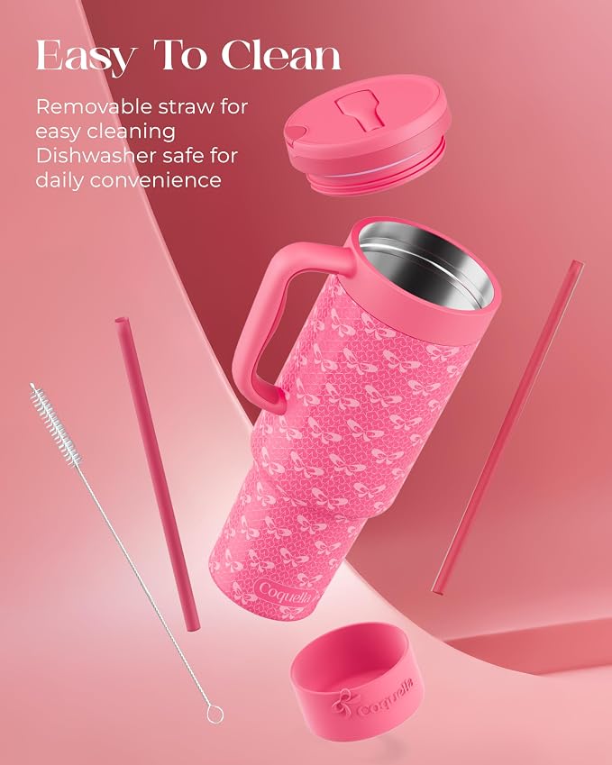40 oz Insulated Tumbler with Handle and Push-Button Straw Lid, Stainless Steel Travel Cup for Gym Office, Leakproof, BPA-Free, Cup Holder Friendly, Bow Silicone Boot, Pink (Coquette Fuchsia) - Image 6