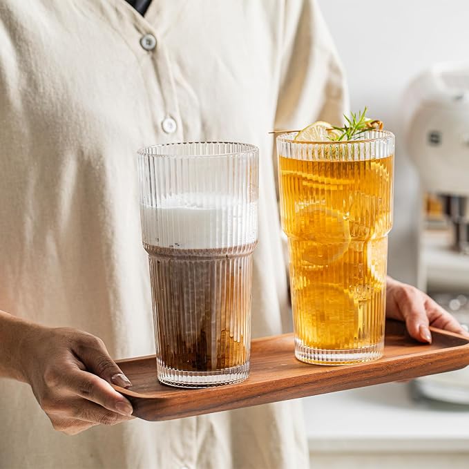 INSETLAN 20 oz Ribbed Glass Tumblers with Lids and Glass Straws – 4-Piece Glassware Set, Thickened Wall, Ideal for Iced Coffee, Smoothies, Cocktails, and Juices – Elegant and Durable Drinkware - Image 9