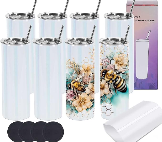 Glitter Sublimation Tumblers 20 Oz Skinny Straight, 8 Pack Stainless Steel Sublimation Glitter Shimmer Tumbler Blanks, Individually Boxed, White by Wzaytia