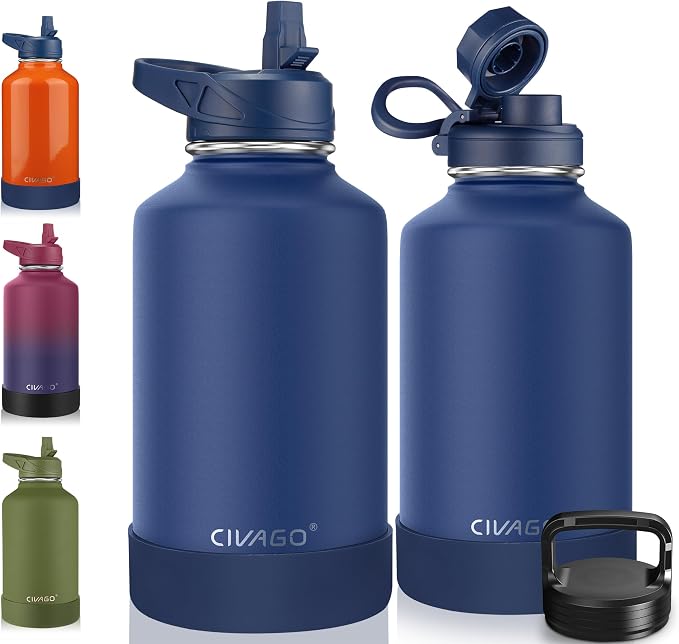 CIVAGO 64 oz Insulated Water Bottle With Straw, Half Gallon Stainless Steel Sports Water Flask Jug with 3 Lids (Straw, Spout and Handle Lid), Large Metal Thermal Cup Mug, Navy Blue by CIVAGO