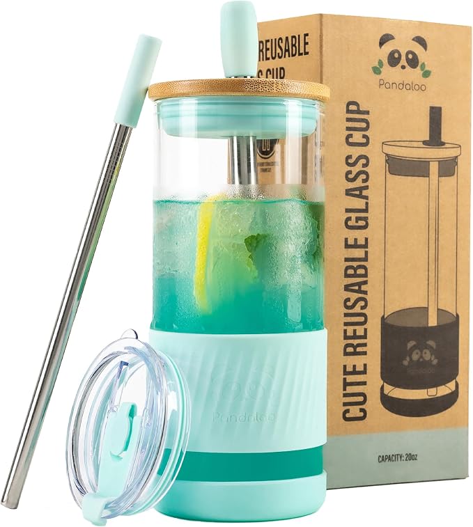 Pandaloo® Glass Cups With Lids and Straws -20 Fl Oz- Perfect Size Iced Coffee Cup - Smoothie Cup With Bamboo Lid and On the go Lid - Glass Tumbler With Straw (1 Count (Pack of 1), Carribean Blue) by Pandaloo