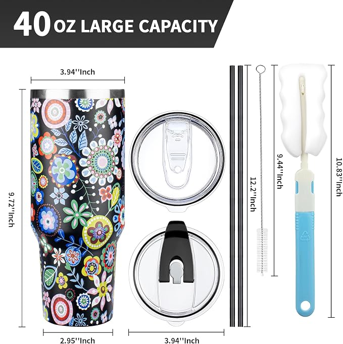 40 oz Tumbler with Lids and Straws, Stainless Steel Insulated Coffee Tumbler, Double Wall Vacuum Insulated Travel Mug Cup, Leakproof Thermal Coffee Cup for Hot and Cold Drinks (Flower) - Image 2
