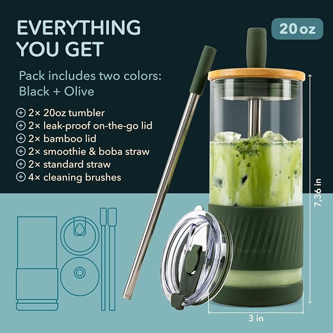 Pandaloo® Glass Cups With Lids and Straws -20 Fl Oz- Perfect Size Iced Coffee Cup - Smoothie Cup With Bamboo Lid and On the go Lid - (2 Count (Pack of 1), Black Saphir-Mediterranean Olive) - Image 2