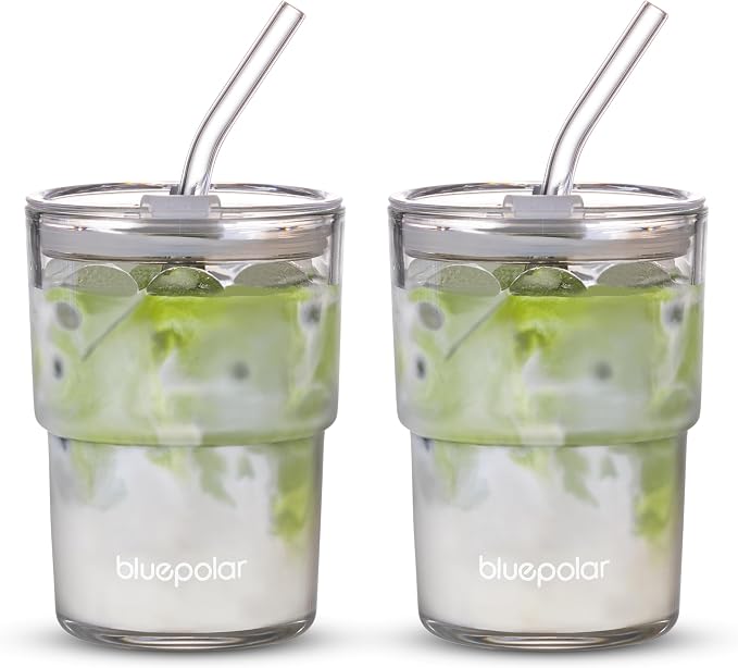 BLUEPOLAR 13oz/400ml Glass Water Tumbler with Straw and Lid Sealed Carry On Thick Wall Iced Coffee Cup Glass Cup for Water, Iced Tea Fruit Juice Etc (White-2Pack) by BLUEPOLAR