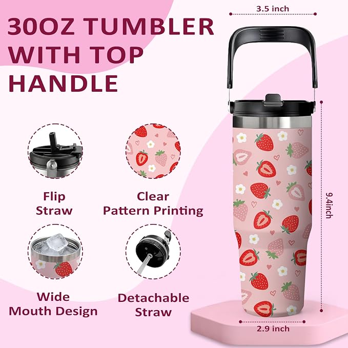 Red Strawberry Tumbler 30oz with Handle - Cute Strawberry Design Water Bottle, Insulated Stainless Steel Cup for Women & Girls, Leakproof Travel Mug, Sweet Birthday Gift for Her - Image 2
