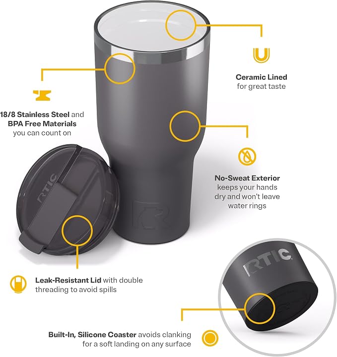 RTIC 40oz Essential Tumbler with Lid, Ceramic Lined, Insulated, Stainless Steel, Metal, Double Wall Vacuum-Insulation, Travel Cup for Iced Coffee, Tea, Hot and Cold Drink, Graphite - Image 4