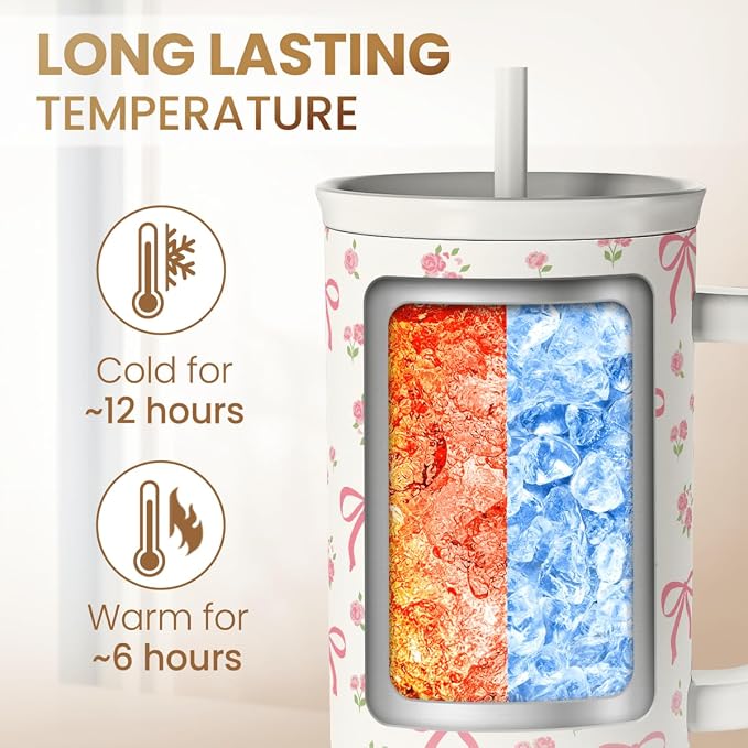 Bow Tumbler with Handle 40oz, Stainless Steel Insulated Tumblers Coffee Travel Cup with Slider Straw Lid, Gifts for Women Teen Girls Birthday - Image 4