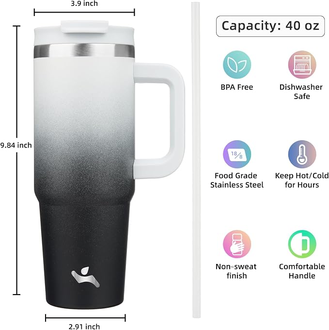 Konokyo 40 oz Tumbler with Handle and 2 Straws,2 in 1 Lid Insulated Water Bottle Stainless Steel Travel Coffee Mug,Day Night - Image 4