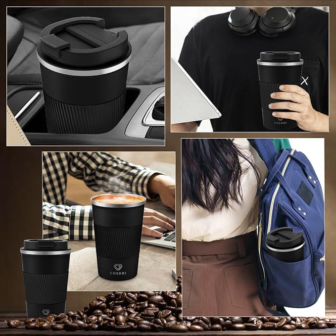 CS COSDDI 12 oz Stainless Steel Insulated Coffee Tumbler, Spill Proof Travel Mug with Lid for Hot & Cold Drinks, Car Cup Holder Friendly, Black - Image 7