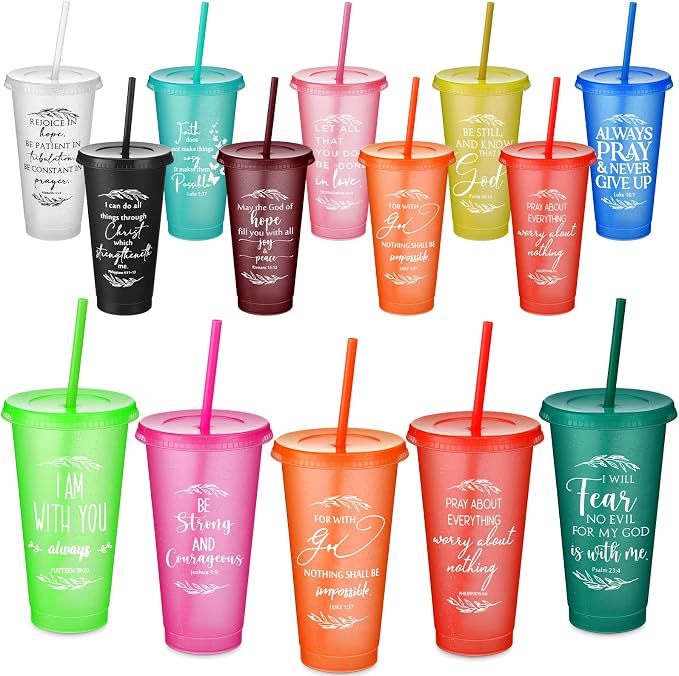 Havawish 12 Pcs Mothers Day Christian Tumbler Gift Bulk Religious Inspirational 24 oz Drinking Jesus Cup with Lid Straw Bible Verse Plastic Cup for Church Father Teacher First Communion (Colour) by Havawish