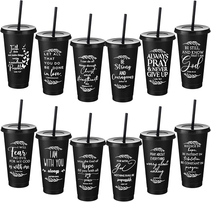 Havawish 12 Pcs Mothers Day Christian Tumbler Gift Bulk Religious Inspirational 24 oz Drinking Jesus Cup with Lid Straw Bible Verse Plastic Cup for Church Father Teacher First Communion (Black) by Havawish