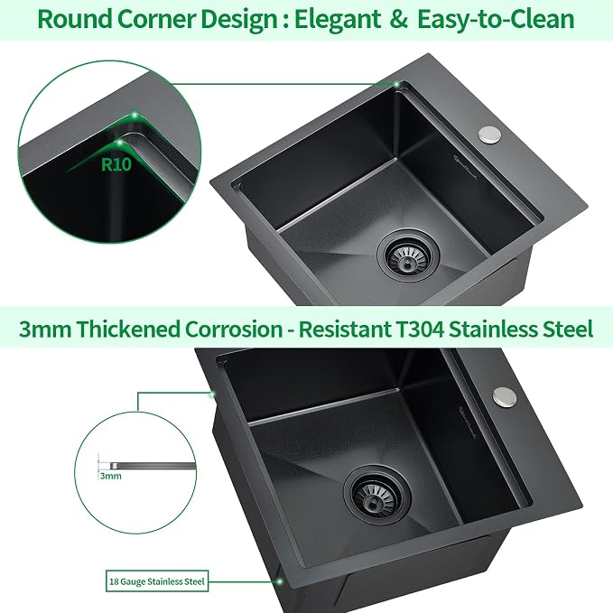 Kitchen Sink, 17 x 19 Inch Drop in Bar Sink Gunmetal Black Stainless Steel - Image 5