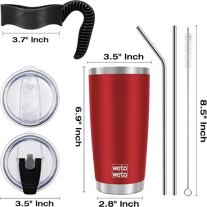 WETOWETO 20oz Tumbler with 2 lids and 2 straws, Stainless Steel Vacuum Insulated Water Coffee Tumbler Cup, Double Wall Powder Coated Leak-proof Travel Mug (Red, 1 Pack) - Image 3