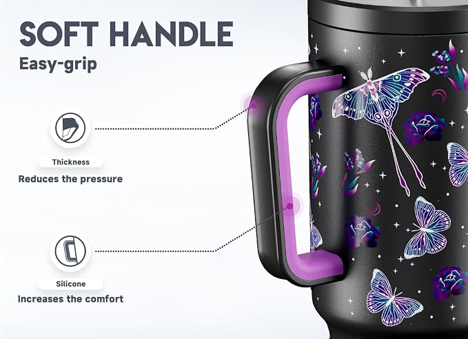 Meoky 40 oz Glow in the Dark Tumbler with Handle and Straw, Tumbler with Lid and Straw, Insulated Stainless Steel Travel Mug, 100% Leak-proof, Keeps Cold for 34 Hours (Butterfly) - Image 5