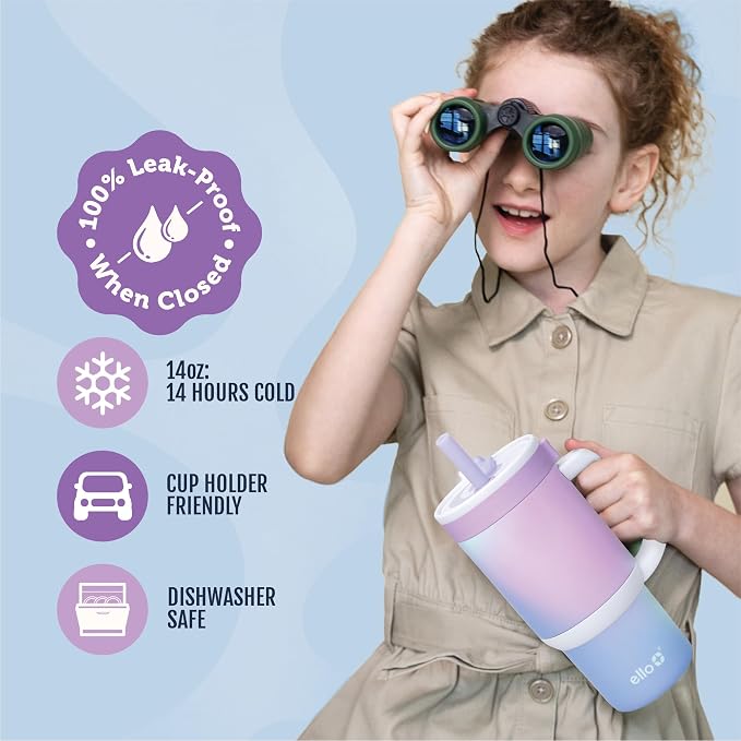 Ello Oasis 14oz Stainless Steel Toddler Tumbler with Handle & Retracting Straw, 100% Leakproof, Double-Wall Vacuum Insulated, Kids Water Bottle for School, BPA Free, Dishwasher Safe, Purple Swirl - Image 3