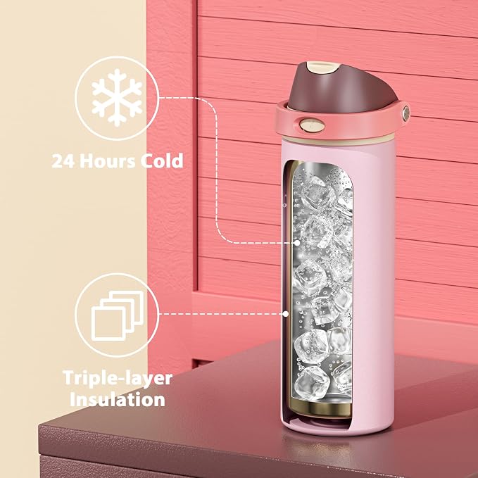 24 oz Insulated Water Bottle for Sports: Meoky Stainless Steel Water Bottle with Straw and Spout Lid - Leak Proof, Cold for 24 Hours, Fits in Car Cup Holder, BPA-Free for Women Travel, Angel Food Cake - Image 4