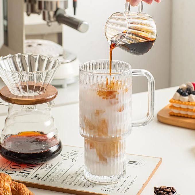 INSETLAN 26oz Raindrop Glass Tumbler with Handle and Lid, Set of 2 – Reusable Iced Coffee Cups with Lids, Clear Glass Cups with Straw for Coffee, Smoothies, Tea, Juice – Perfect for any Occasion - Image 4