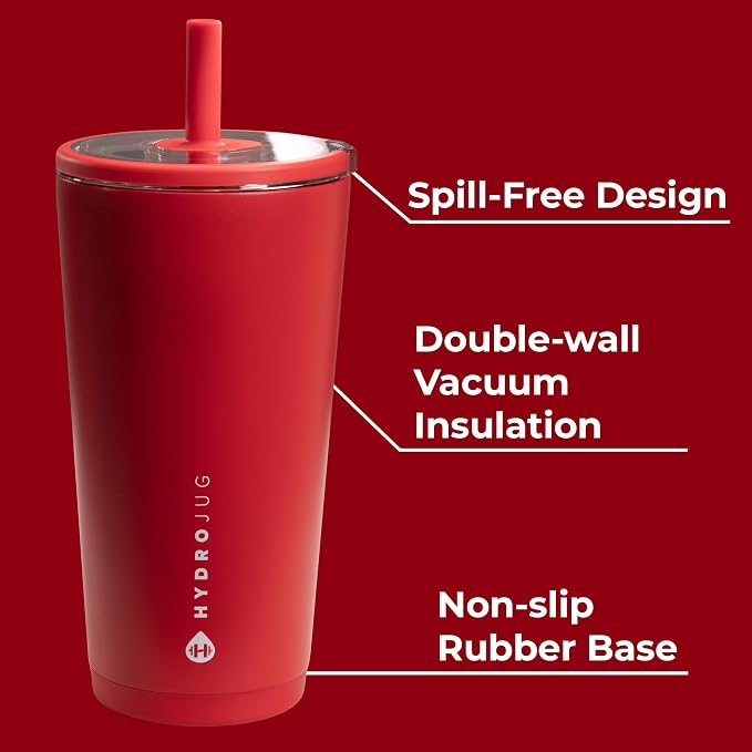 HydroJug Everyday Tumbler 20 oz – Ceramic-Lined Insulated Tumbler with Straw and Soft-Touch Lid, Cup Holder Friendly, Double-Wall Vacuum Insulation, Reusable Travel Cup – Alumni Red - Image 3