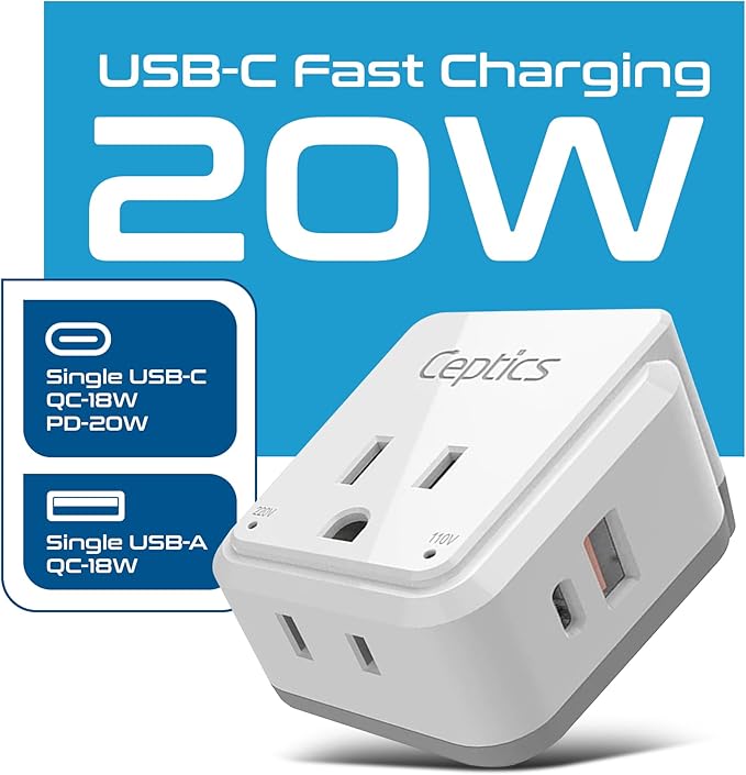 Ceptics Chile, Italy Travel Plug Adapter Set, Chile plug adapter USB-USB-C 20W - Image 2