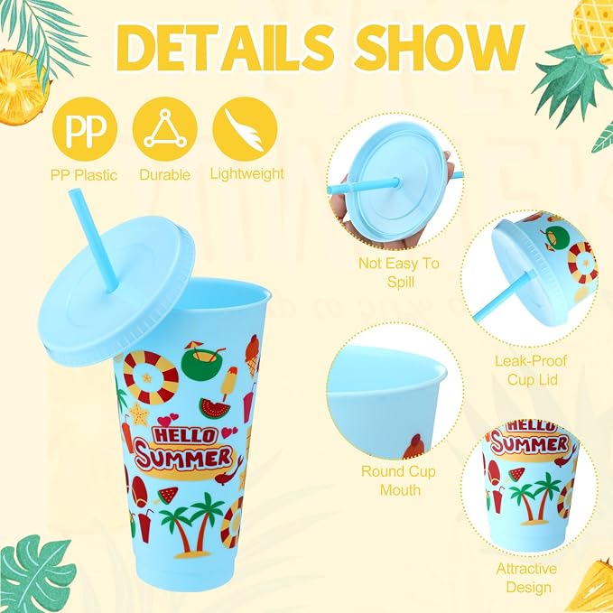 Honeydak 40 Pcs 24 OZ Tumbler with Straw and Lid Gifts Reusable Plastic Cups Bulk Water Bottle Iced Coffee Travel Mug Cup for Parties Birthdays (Hello Summer) - Image 2