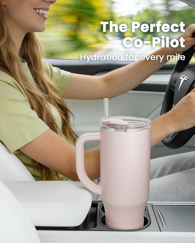 Renoj Insulated Mug 100% Spill Resistant Insulated Water Bottle for Iced Coffee & Hot Drinks - Fits Car Cup Holder, Ideal Gift, 2 Straws & Silicone Boot - FlexSlide Light Pink 32 oz - Image 2