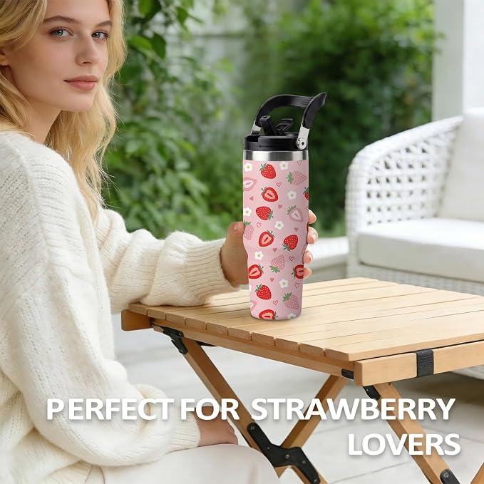 Red Strawberry Tumbler 30oz with Handle - Cute Strawberry Design Water Bottle, Insulated Stainless Steel Cup for Women & Girls, Leakproof Travel Mug, Sweet Birthday Gift for Her - Image 6