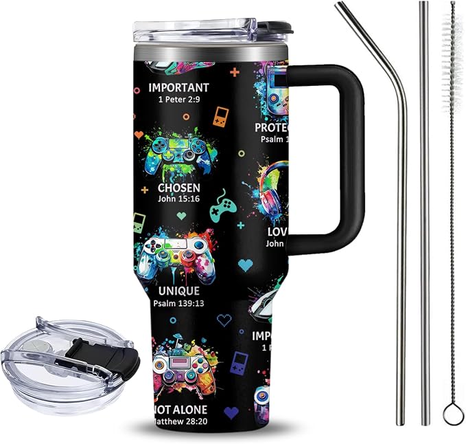 Christian Gamer Gifts, 40 Oz God Says I Am Tumbler With Handle, Christian Gifts for Men/Boys, Inspirational Religious Birthday Gift for Game Lover Bible Verse Cup, Gaming Gift For Gamer Tumbler - Image 3