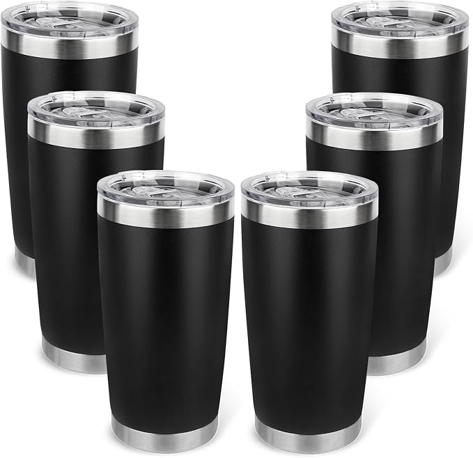 20oz Stainless Steel Tumbler Bulk with Lid, Travel Mug - Double Wall Vacuum Powder Coated Cup - Black, 6 Pack by Unknown