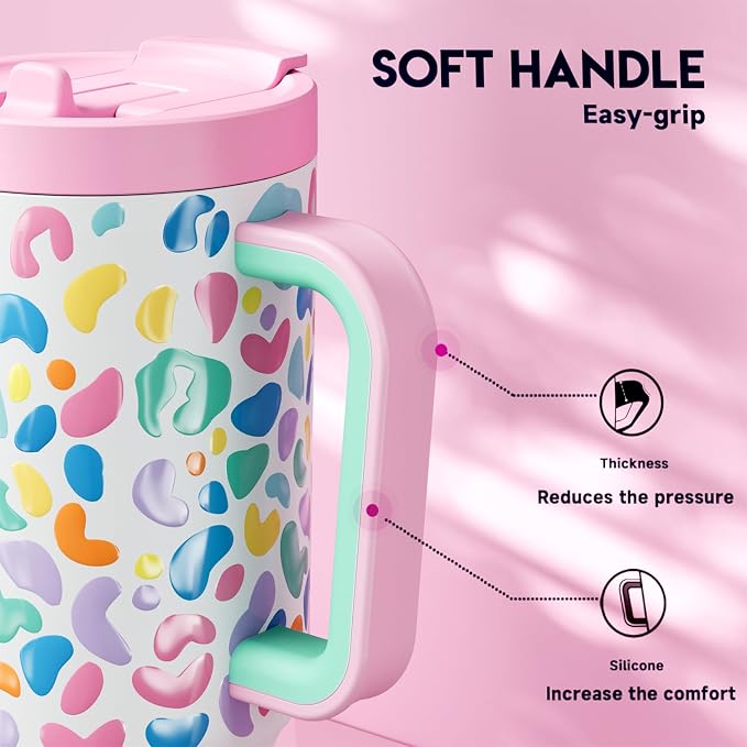 Meoky 32 oz Tumbler with Handle and Flip Straw, 100% Leakproof Tumbler with Lid and Straw, Stainless Steel Insulated Cup, Cupholder Friendly, Keeps Cold for 24 Hours (Leopard) - Image 4