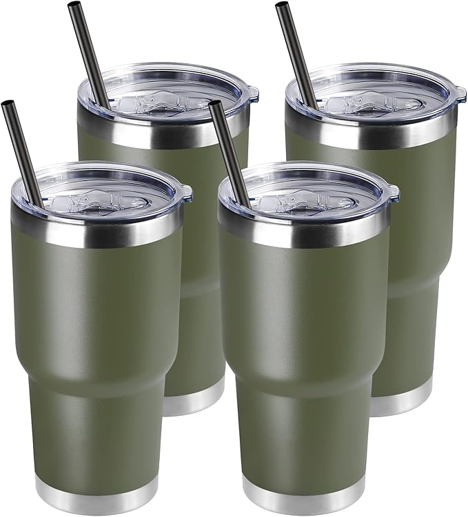 DOMICARE 30 oz Tumbler with Lid and Straw, Stainless Steel Tumblers Bulk, Insulated Vacuum Double Wall Travel Coffee Mug, Durable Powder Coated Tumbler Cups (Army Green, 4) by VisittheDOMICARE