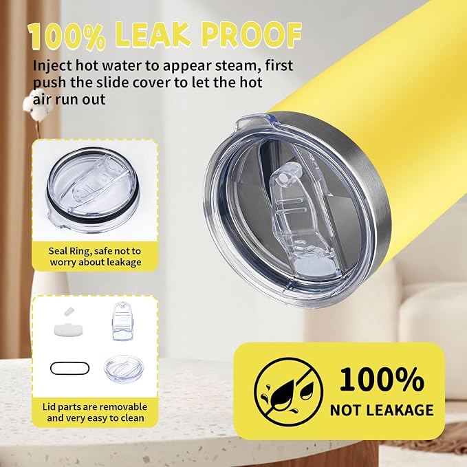 20 oz Tumbler with Lids and Straws, Stainless Steel Insulated Coffee Tumbler, Double Wall Vacuum Insulated Travel Mug Cup, Leakproof Thermal Coffee Cup for Hot and Cold Drinks (Yellow) - Image 5