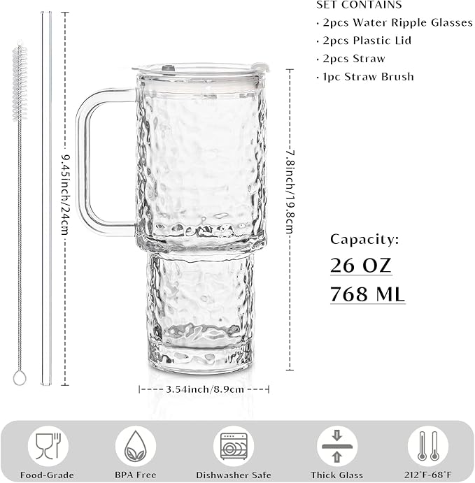 INSETLAN 26oz Water Ripple Glass Tumbler with Handle and Lid, Set of 2 – Reusable Iced Coffee Cups with Lids, Clear Glass Cups with Straw for Coffee, Smoothies, Tea, Juice – Perfect for any Occasion - Image 2
