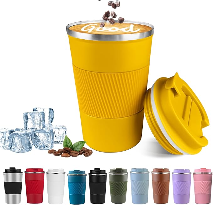 YINBAOGE Insulated Travel Coffee Mug, Spill & Leak Proof, Portable To Go Camping Stainless Steel Coffee Tumbler, Reusable Thermal Coffee Cup with Lid for Hot & Cold Drinks (Yellow, 17 OZ) by YINBAOGE