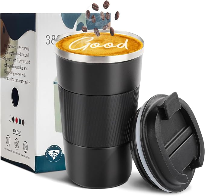 YINBAOGE Insulated Travel Coffee Mug, Spill & Leak Proof, Portable To Go Camping Stainless Steel Coffee Tumbler, Reusable Thermal Coffee Cup with Lid for Hot & Cold Drinks (Black, 17 OZ) by YINBAOGE