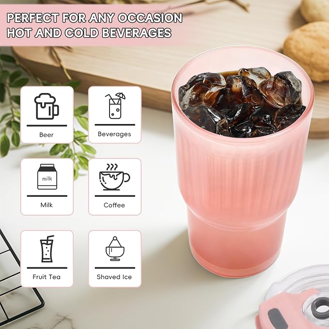 Iced Coffee Cups with Lids: Coffee Bar Accessories - Ribbed Glass Tumbler with Silicone Straw and Lid - 20oz Leak Proof Reusable Glass Cups and Tumblers with Lid and Silicone Straws(1Pcs-Pink) - Image 3