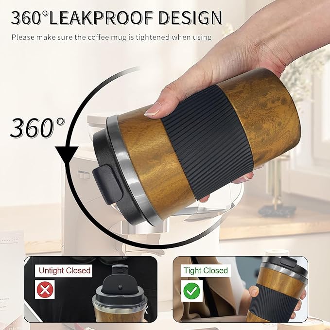 YINBAOGE Insulated Travel Coffee Mug, Spill & Leak Proof, Portable To Go Camping Stainless Steel Coffee Tumbler, Reusable Thermal Coffee Cup with Lid for Hot & Cold Drinks (Wood Grain, 12 OZ) - Image 5