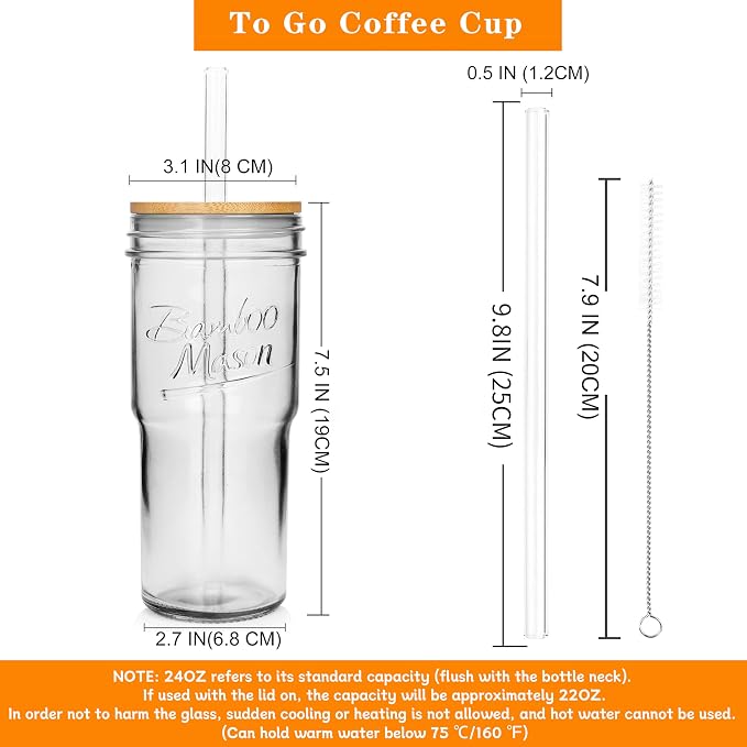 ANOTION Glass Cups with Lids and Straws 2 Packs, 24oz Travel Coffee Mug Wide Mouth Bamboo Mason Jar Iced Coffee Cup Smoothie Cup Glass Tumbler Tea Cup Clear Cute Water Cups Drinking Jars Glasses - Image 2