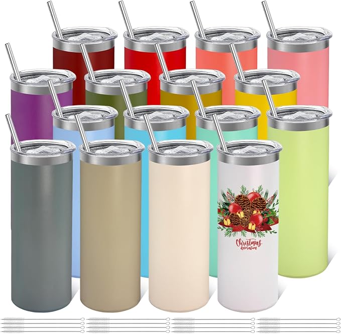 YOUKE OLA 16 Pack Stainless Steel Skinny Tumblers Bulk Straight Double Wall Powder Coated Insulated Tumbler with Lid and Straw for Laser Engrave, DIY Gift, 20oz Mix Colors by YOUKEOLA
