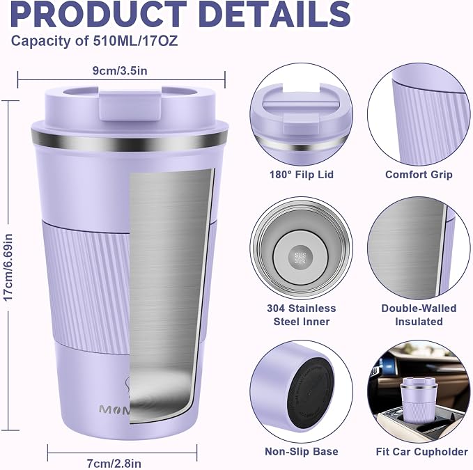 MOMSIV 17oz Travel Mug, Insulated Coffee Cup with Leakproof Lid, Travel Coffee Mug Vacuum Stainless Steel Double Walled Reusable Coffee Cup for Hot and Cold Water Coffee - Image 2