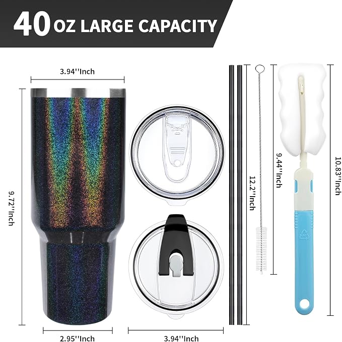 40 oz Tumbler with Lids and Straws, Stainless Steel Insulated Coffee Tumbler, Double Wall Vacuum Insulated Travel Mug Cup, Leakproof Thermal Coffee Cup for Hot and Cold Drinks (Glitter Black) - Image 2