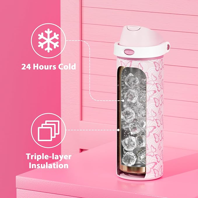 24 oz Insulated Water Bottle with Straw: Meoky Stainless Steel Metal Water Bottle with 2-in-1 Lid - Leak Proof, Cold for 24 Hours, Protective Silicone Base, BPA-Free for Sports Travel Car, Butterfly - Image 3