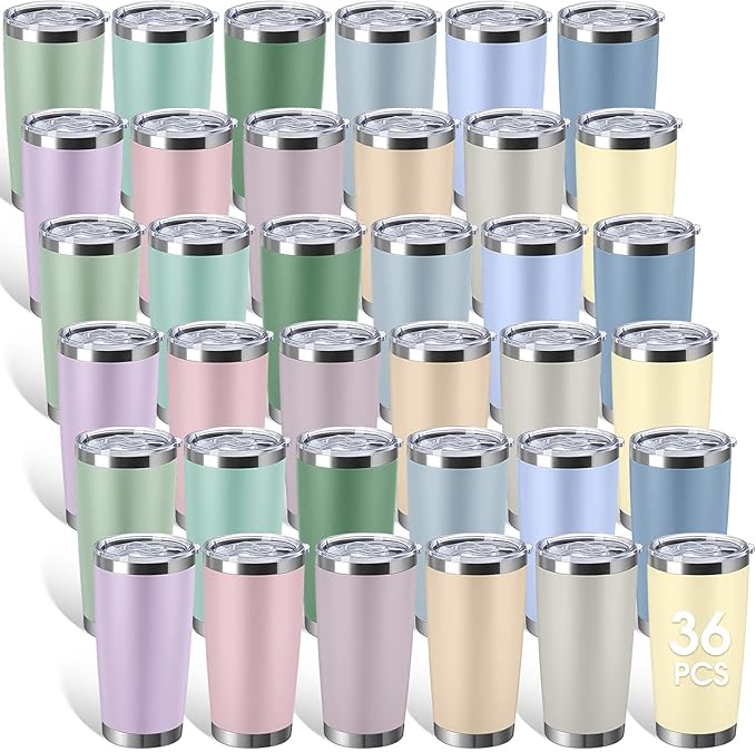 Sieral 36 Pack Stainless Steel Tumblers Bulk with Lids Double Wall Vacuum Insulated Coffee Cups Blank leakproof Powder Coated Tumblers for Engraving Wedding Graduation Party Favors(20 oz,Matte Color) by Sieral